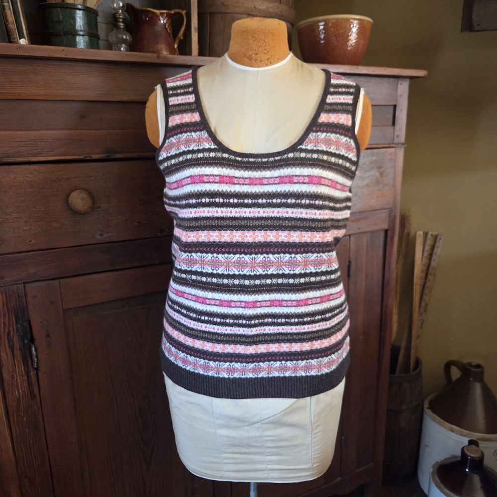J. Crew Fairisle Woman's Woolblend Sweater Brown & Pink Sz XL made in Hong Kong